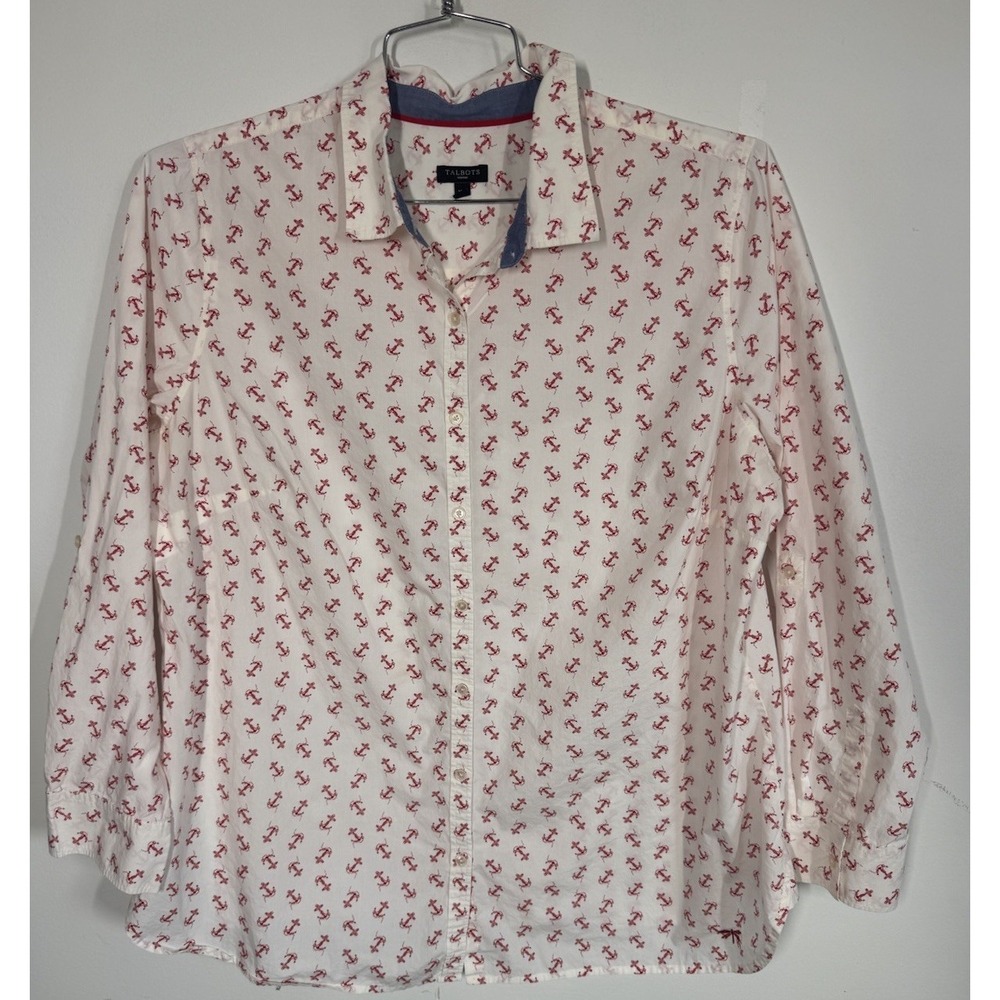 Talbots Long Sleeve Button Up Shirt Red Anchor Print Roll Tab Sleeve Women's 16